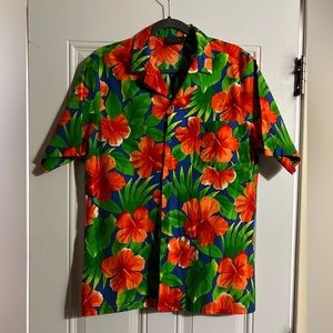 Frank Hawaiian shirt size M bright orange floral and bright green leafs